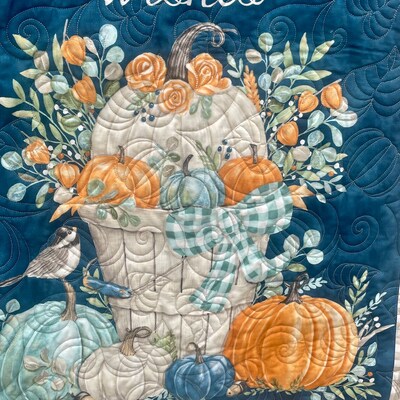 Pumpkin Kisses and Harvest Wishes Quilted Wall Hanging, I Love Fall Most Of All Quilt, Fall Throw Blanket, Blue and Orange Fall Quilt Decor - image4